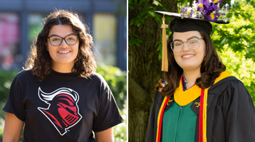 Two photos of the same female student: one in a Rutgers -shirt and the other in a graduation gown.